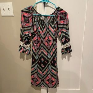 Long Sleeved Geometric Dress with Crochet Sleeves